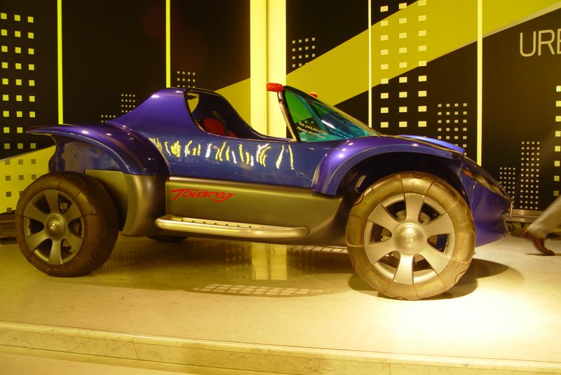 Aus dem Jahr 1996 stammt dieser Peugeot Touareg. Sein Elektromotor hat eine Leistung von 48 PS, seine Hchstgeschwindigkeit betrgt 114 km/h, Gewicht 850 kg. Zu sehen am 13.07.2009 in den Verkaufs- und Ausstellungsrumen von Peugeot auf den Champs-Elyses in Paris