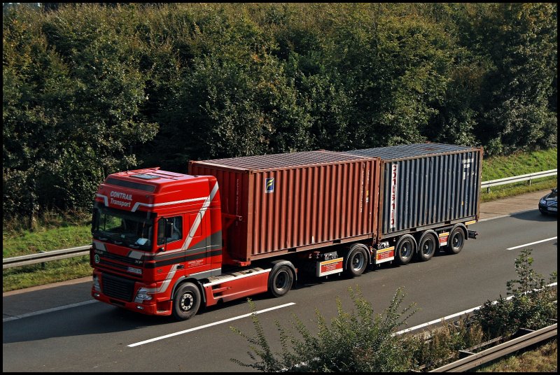 DAF XF95 ist mit zwei 20 Fu Container in Richtung Ruhrgebiet unterwegs. Wie nennt man dieses Containerauflieger?