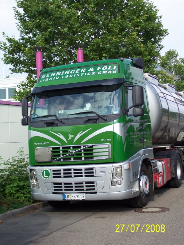 Ein Volvo Globetrotter der Benninger & Fll Liquid Logistics GmbH aus Bietigheim-Bissingen. Aufgenommen am 27.07.2008 in Bietigheim-Bissingen.