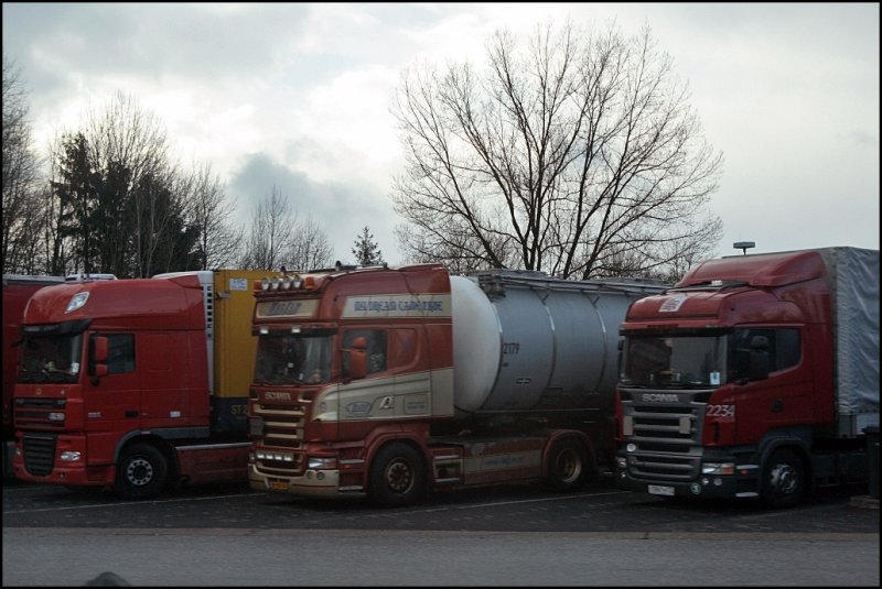 Rasthof Sauerland-West (v.r.n.l:) Scania R420 aus Russland(!), SCANIA Topline R420(?) aus den Niederlanden, natrlich mit viel Beleuchtung, und ein DAF XF105.460(?). (08.02.2009)