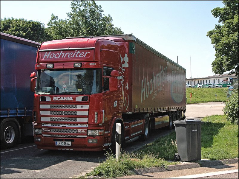 SCANIA 164L 580 V8 der Int. Transporte Sascha Hochreiter KG aus Proleb/Austria. Das Unternehmen ist mit zwei Scania´s auf Europas Straen unterwegs. (24.06.2008)