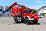 Feuerwehr Dreieich Sprendlingen Mercedes Benz Unimog U5023 GW-L Kats (Florian Dreieich 4-69-1) am 05.07.25 bei einen Fototermin.