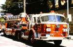 Einsatz in San Francisco am 18. Juni 1987. Drehleiter/aerial truck: ´74 American LaFrance 1000 Series, shop no. 630, Truck 16.