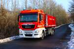 Feuerwehr Bad Vilbel MAN TGX WLF (Florian Vilbel 1-66-3) mit AB-Sonderlöschmittel beim Abrücken am 31.01.26 nach einer Großübung in Büdinger Gewerbegebiet