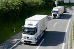 Ein MB Actros und MAN Sattelzug von Bigler AG die am 28.6.24 auf dem Weg zum Trucker Festival Interlaken sind auf der Autobahn in Matten bei Interlaken.