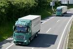Zwei MB Actros von Gisler am 28.6.24 auf dem Weg zum Trucker Festival auf der A8 in Matten b. Interlaken.