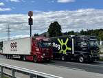MB Actros Sattelzüge von Chr. Cavegen und Woodlog am 11.9.25 beim Grauholz.
