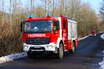 Feuerwehr Ortenberg Mercedes Benz Arocs LF20 Kats beim Abrücken am 31.01.26 nach einer Großübung in Büdinger Gewerbegebiet