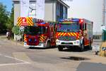 Scania P280 Magirus M32 L-AT (DLK)A (Florian Hanau 1-30-20) und Mercedes Benz Atego 1530 Lentner HLF20 (Florian Hanau 3-46-1) der Feuerwehr Hanau am 20.06.26 bei einer Gro��bung in Hafen