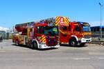 Scania P280 Magirus M32 L-AT (DLK)A (Florian Hanau 1-30-20) und Mercedes Benz Atego 1530 Lentner HLF20 (Florian Hanau 3-46-1) der Feuerwehr Hanau am 20.06.26 bei einer Gro��bung in Hafen