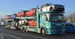 Yilmaz Fahrzeugtransporte e.K. mit einem SCANIA P 450 PKW-Transporter am 23.11.22 Berlin Marzahn.
