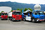 Zwei Scania von Bandret-Fasel und ein Scania von von Allmen Transporte am 26.6.16 beim Trucker Festival Interlaken.