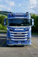 Frontansicht des Scania Viehtranporters von Br�hlmann am 1.6.26 in Malters.
