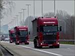 Drei Scania R500 V8 hintereinander auf der Autobahn zwischen Lüttich und Antwerpen aufgenommen am 09.03.2011.