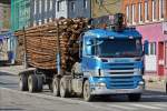 Scania R 620 Holztransporter ist mit seiner Ladung unterwegs zum nächsten Holzlagerplatz.