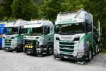 Drei Scania Holztransporter von Martin Schaller am 29.8.26 beim Diemtigtaler Truck Treff.