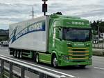Ein Scania Sattelzug von Zingg Fruchtexpress am 4.9.25 bei der Raststätte Grauholz.