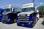 Die Scania und Scania Torpedo Zugmaschine von Stirnimann am 20.6.26 bei der L�ndle Truckshow.