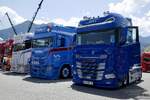 Eine DAF Zugmaschine von BHT und Scania von Domig am 20.6.26 bei der L�ndle Truckshow.