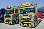 Zwei Scania Zugmaschinen von Dornbierer am 20.6.26 bei der L�ndle Truckshow.