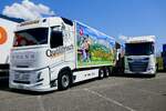 Ein Volvo Aero mit Pritschenaufbau und ein DAF von Appenzeller Bier am 27.6.26 beim Trucker Festival in Interlaken.