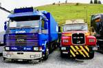 Der Scania mit Pritschenaufbau und MAN Kipper am 29.8.26 beim Diemtigtaler Truck Treff.