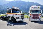 Zwei Scania Zugmaschinen von Tanner Transporte am 27.6.26 beim Trucker Festival Interlaken.