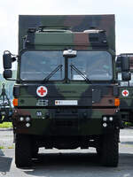 Ein militärischer Lastkraftwagen der Rheinmetall/MAN HX-Serie war Mitte August 2023 am Flughafen Berlin-Gatow abgestellt.