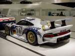 Porsche 911 GT1 '96 Le-Mans, Rückansicht. 600Ps, max 320 KM/H. Aufnahme: Porsche Museum am 30.11.2012.