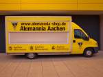 Der Alemannia Fanshop Wagen, ein Fiat Ducato vor dem neuen Aachener Tivoli am 24.09.2010 beim Spiel gegen Paderborn (2:0).