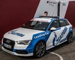 Audi A3 Leading Car mit einer Werbung für Gazprom.