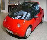 Hotzenblitz, E-Mobil Kleinwagen mit GFK-Karosserie, 16 PS, Vmax.120 Km/h, Bauzeit 1991-96 im Fahrzeugwerk Suhl, entwickelt in Ibach im Hotzenwald/Schwarzwald, Fahrzeugmuseum Suhl, April 2025