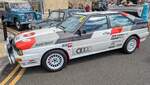 Audi Quattro A2 Rallyewagen der Gruppe B aus dem Jahr 1983 in der markanten wei�-rot-schwarzen Lackierung, den Sponsorenlogos und der rallyespezifischen Ausr�stung. Ein solcher Gruppe-B-Wagen errang 1984 einen historischen Sieg bei der Rallye Monte C ...