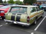 Heckansicht eines Ford Country Squire des Modelljahres 1968 im Farbton lime gold.