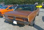 Heckansicht eines Ford Mustang 1 Hardtop Coupe des Modelljahres 1968 im recht ausgefallenen Farbton black hills gold. Oldtimertreffen Nordstern Klassik in Gelsenkirchen am 16.08.2026.