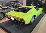 Heckansicht eines Lamborghini Miura P400S im Farbton giallo fly aus dem Jahr 1969. Techno Classica Salon in Dortmund am 25.09.2026.
