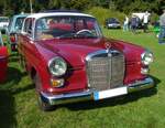 Mercedes Benz W110 200D, gebaut von Februar 1965 bis Februar 1968. Ein solcher 200D stand mit einem Grundpreis von DM 11.500,00 in den Preislisten der Händler. Der Vierzylinderreihendieselmotor hat einen Hubraum von 1988 cm³ und leistet 55 PS. Bei einem Verbrauch von 9 Litern Dieselkraftstoff auf 100 Kilometern, soll der 200D eine Höchstgeschwindigkeit von 130 km/h erreicht haben. Das gezeigte Auto wurde im Jahr 1966 erstmalig zugelassen. Oldtimertreffen auf dem Gelände des Bikertreffs Mutter Vogel in Marl am 28.09.2025.