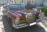 Mercedes Benz W111/3 250 SE Coupe im Farbton karminrot, gebaut in den Jahren von 1965 bis 1967. Von diesem Modell setzte Mercedes Benz w�hrend der dreij�hrigen Produktionszeit genau 6213 Fahrzeuge ab. Der Sechszylinderreihenmotor hat einen Hubraum von 2496 cm� und leistet 150 PS. Die H�chstgeschwindigkeit wurde mit 193 km/h angegeben. Dann verarbeitete die Sechsstempeleinspritzpumpe von Bosch aber auch 15,5 Liter Superbenzin auf 100 Kilometer. Der gezeigte Wagen stammt aus dem letzten Modelljahr 1967. Oldtimer Fr�hling des AMC Kettwig am 01.05.2026 in Essen Kettwig.