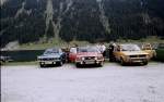 Opel Manta A, Opel Rekord D, Golf I, im Jahr 1979 auf einem Parkplatz am Achensee/Tirol