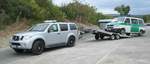 =Nissan Pathfinder, VW T4 und Transportanhänger der Bundespolizei zeigen die Bergung eines liegengebliebenen Dienstfahrzeuges, gesehen beim Tag der offenen Tür anl.