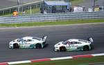 Zweikampf der #1 und #2 Audi R8 LMS von Montaplast by Land-Motorsport wärend dem Samstagsrennen auf dem Nürburgring, ADAC GT Masters