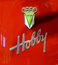 DKW Hobby, Logo und Schriftzug am Oldtimer-Motorroller von 1954, Dez.2014