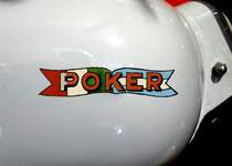 Poker, Tankaufschrift an einem Oldtimer-Mofa, die italienische Firma baute diese Mofa mit NSU-Motoren von 1954-57, Feb.2015
