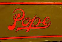Pope Manufactoring Co. Hartford/USA, Tankaufschrift an einem Oldtimer-Motorrad der US-amerikanischen Firma, Baujahr 1914, die Firma bestand von 1911-18 und baute auch PKW, Feb.2015