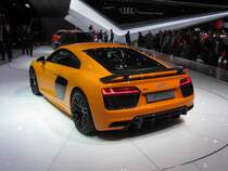 Audi R8 (rückansicht), Modelljahr 2015, fotografiert auf dem genfer Autosalon.