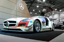 Mercedes-Benz SLS AMG GT3. Black Falcon erzielte mit dem SLS AMG GT3  Startnummer 9 und den Fahrern Jeroen Bleekemolen, Sean Edwards, Bernd Schneider und Nicki Thiim den ersten Mercedes-Gesamtsieg beim 24h-Rennen auf dem Nürburgring (2013).
Aufnahme am 6.12.2013, Motorshow Essen 2013