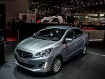 Mitsubishi Attrage (Stufenheck Space Star / Colt), gesehen auf dem Autosalon Genf, März 2015.