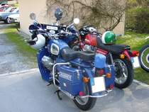 Heckansicht einer Moto Guzzi V7 700. 1967 - 1976. Es handelt sich wohl um eine ausgediente Maschine der italienischen Carabinieri. Oldtimertreffen beim Schwarzwaldhaus im Neandertal am 12.04.2015.
