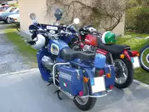 Heckansicht einer Moto Guzzi V7 700. 1967 - 1976. Es handelt sich wohl um eine ausgediente Maschine der italienischen Carabinieri. Oldtimertreffen beim Schwarzwaldhaus im Neandertal am 12.04.2015.