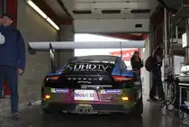 Porsche 911 (Type 991) GT3 Cup Car in der Box, Porsche Carrera Cup Great Britain, Supportrace bei den FIA WEC 6h Spa Francorchamps 2.Mai 2015